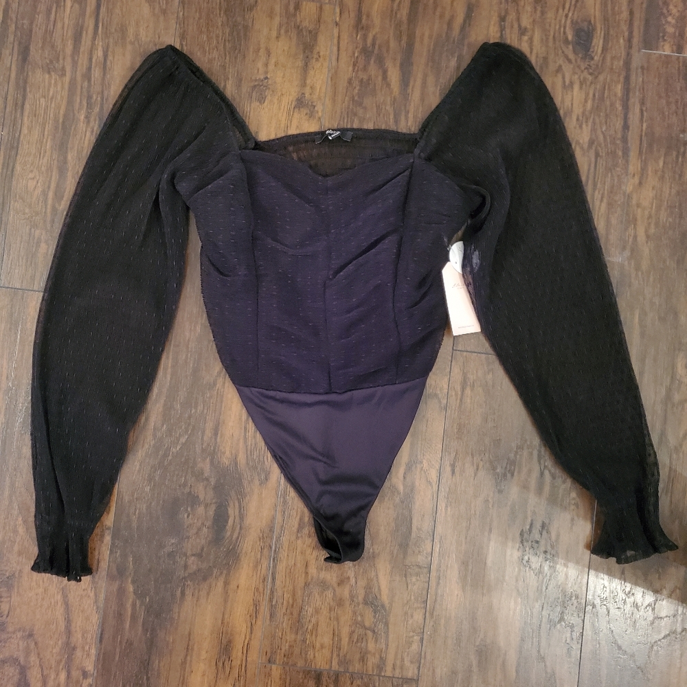 BLASHE Black Ruched Peasant Bodysuit NWT